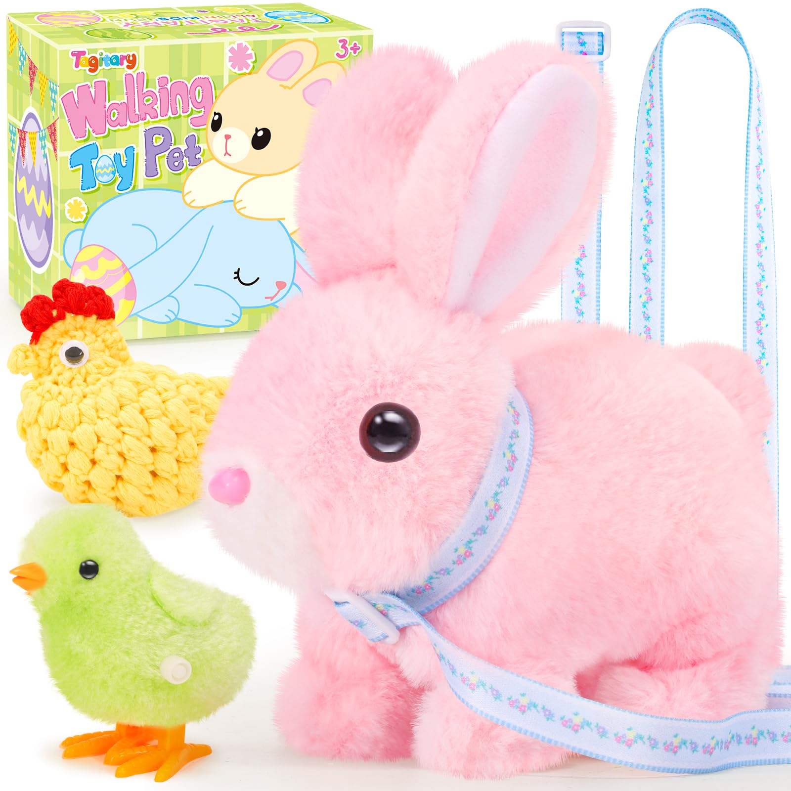 Easter Plush Toys Walking Bunny for Kids, Stuffed Bunny with Sounds,Interactive Toys with Leash,Wind Up Toy, Can Hop,Wiggle Ears,Twitch Nose,Ideal Easter Gifts for Toddlers