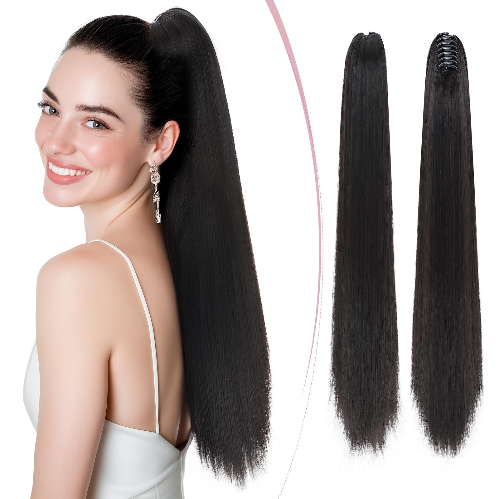 SEGO Pro Claw Clip Ponytail Hair Extensions Synthetic Pony Tail Hair Pieces for Women 21 Inch Straight 140g (Natural Black)