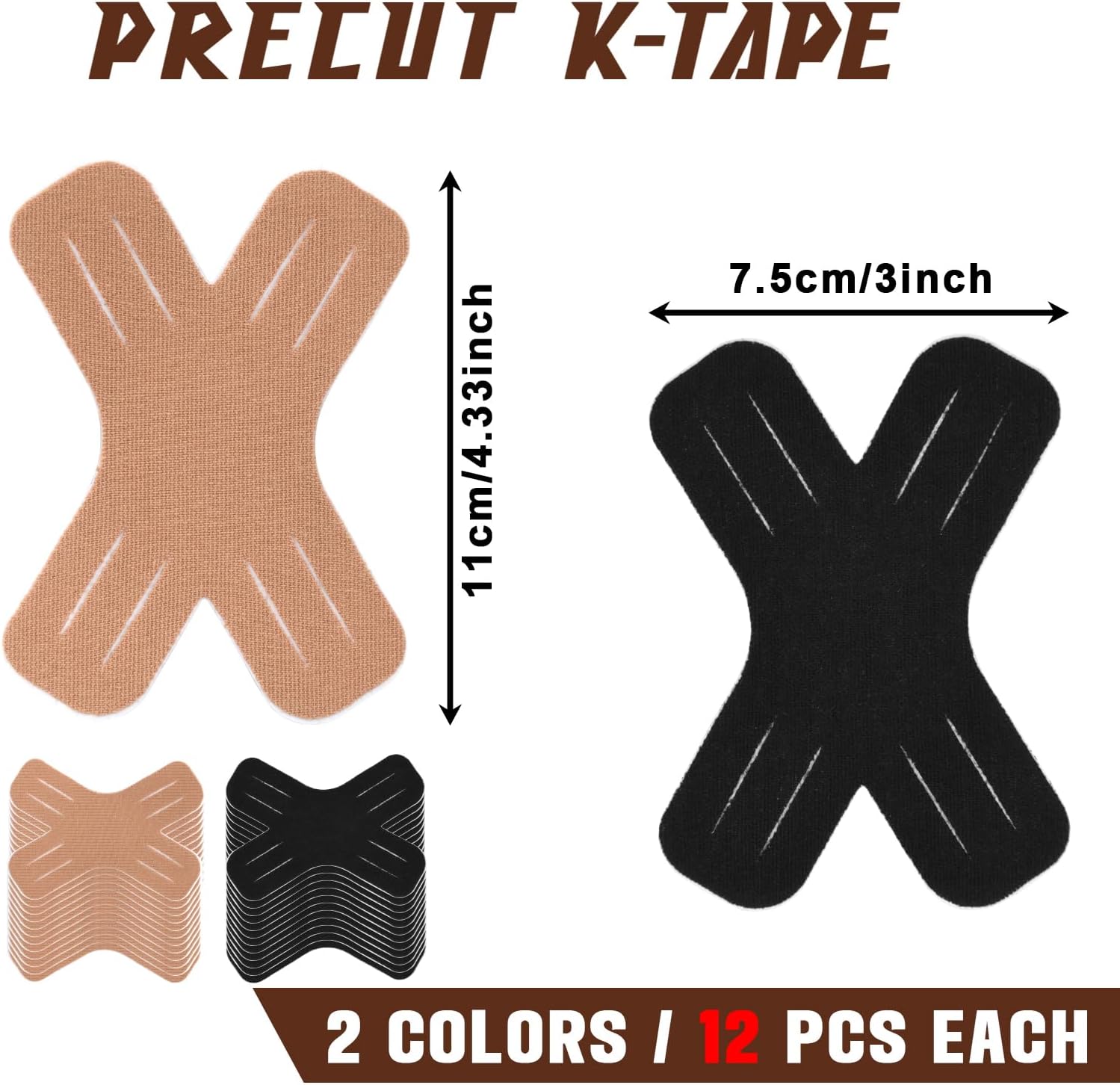 Image showing the dimensions of the precut kinesiology tape: 11cm (4.33 inches) in length and 7.5cm (3 inches) in width.