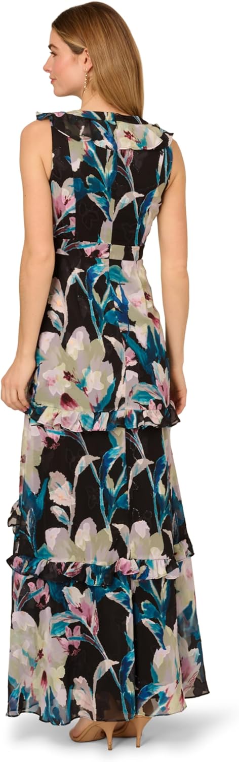 Adrianna Papell Womens Floral Ruffle Chiffon Gown - Image 2