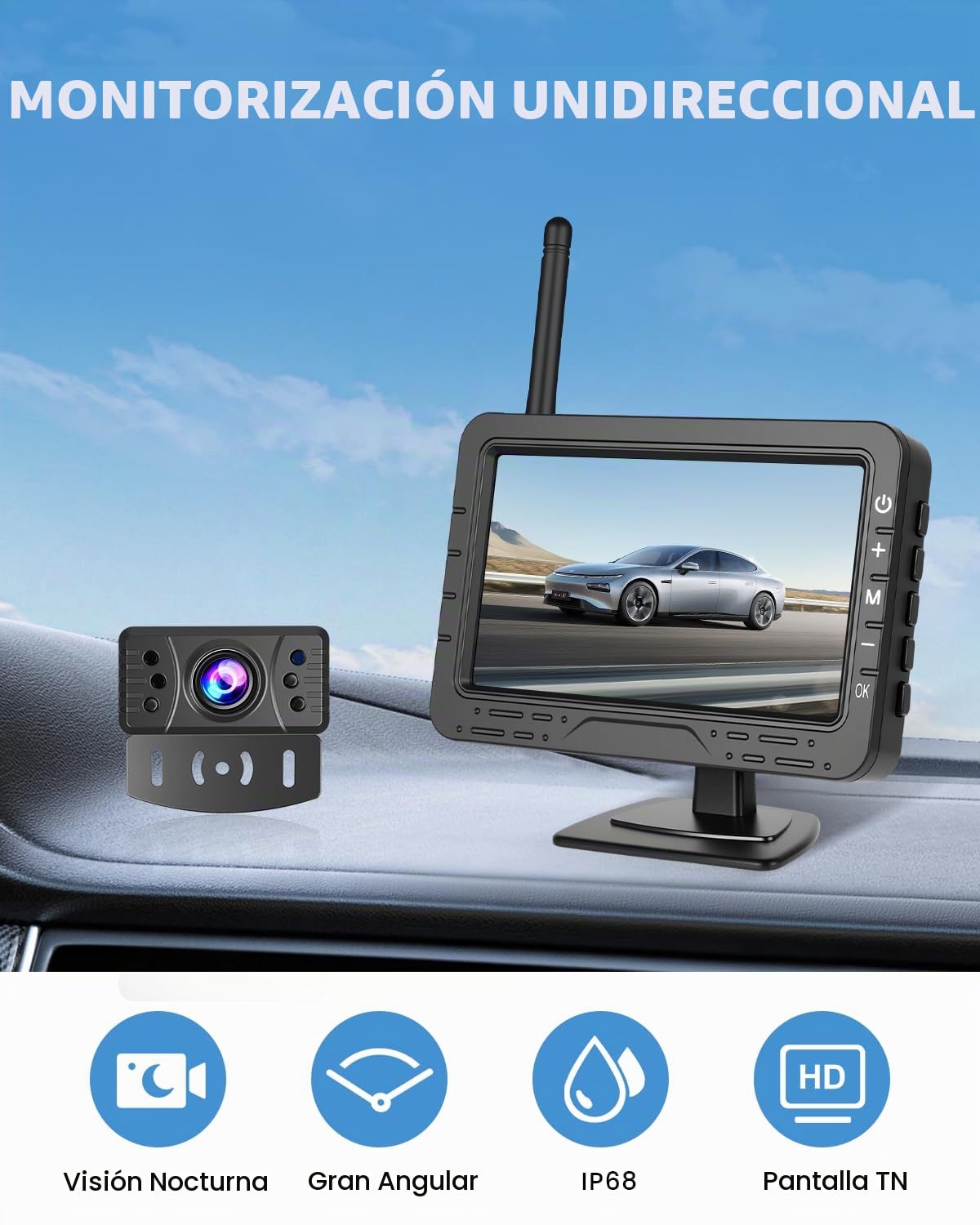 4,3" Wireless Cámara de Retroceso System para Mini-Auto Van SUV Pickup | Wireless Kit Cámara de Retroceso con Grado de Protección IP68 Función Visión Nocturna Cable de Cuadrícula DIY Gran Angular