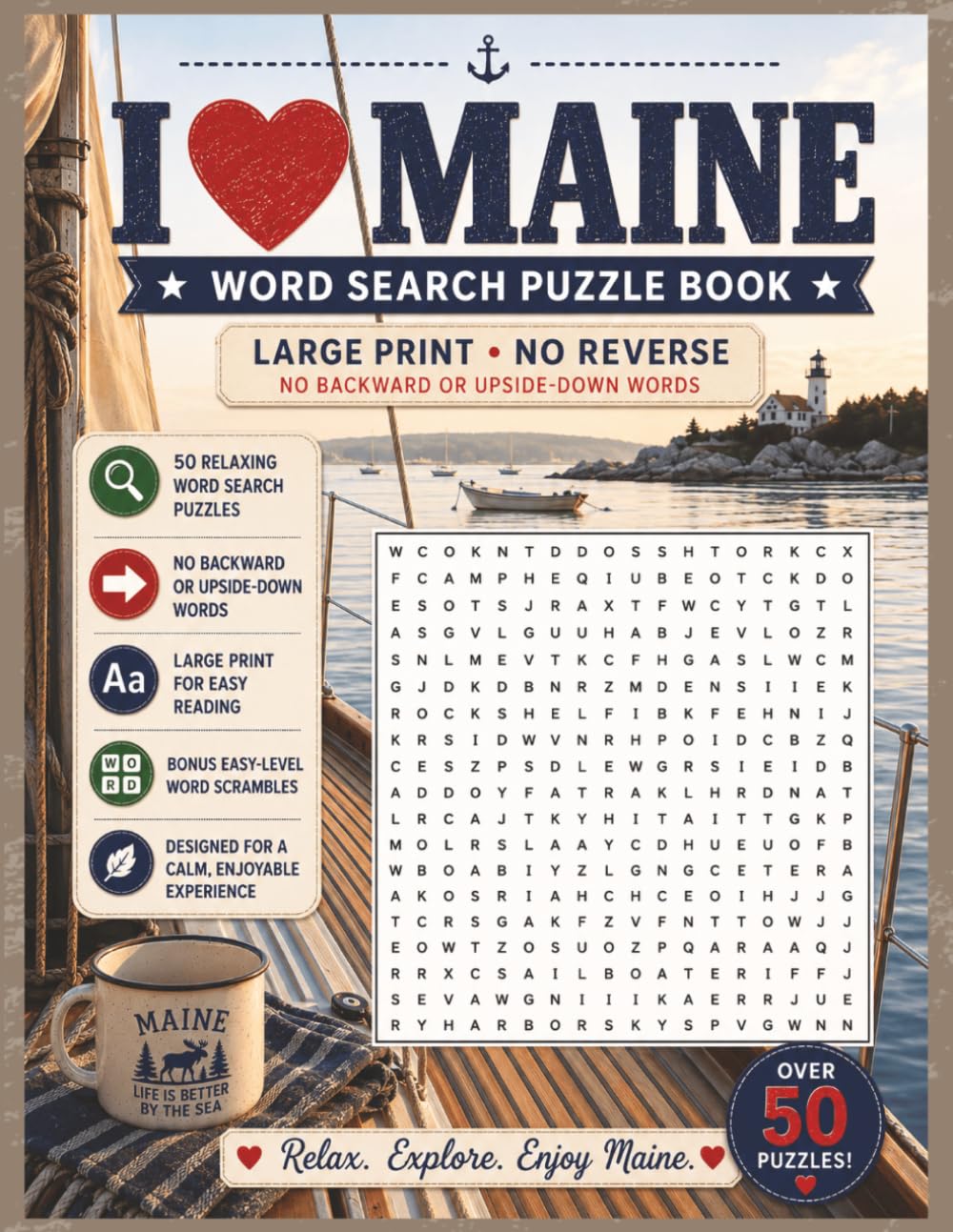 Maine Word Search - No Reverse Edition: 50 Large Print Coastal Puzzles with No Backward or Upside-Down Words| Gentle Puzzle Experience Plus Easy Word ... and Seniors (No Reverse Word Search Books)