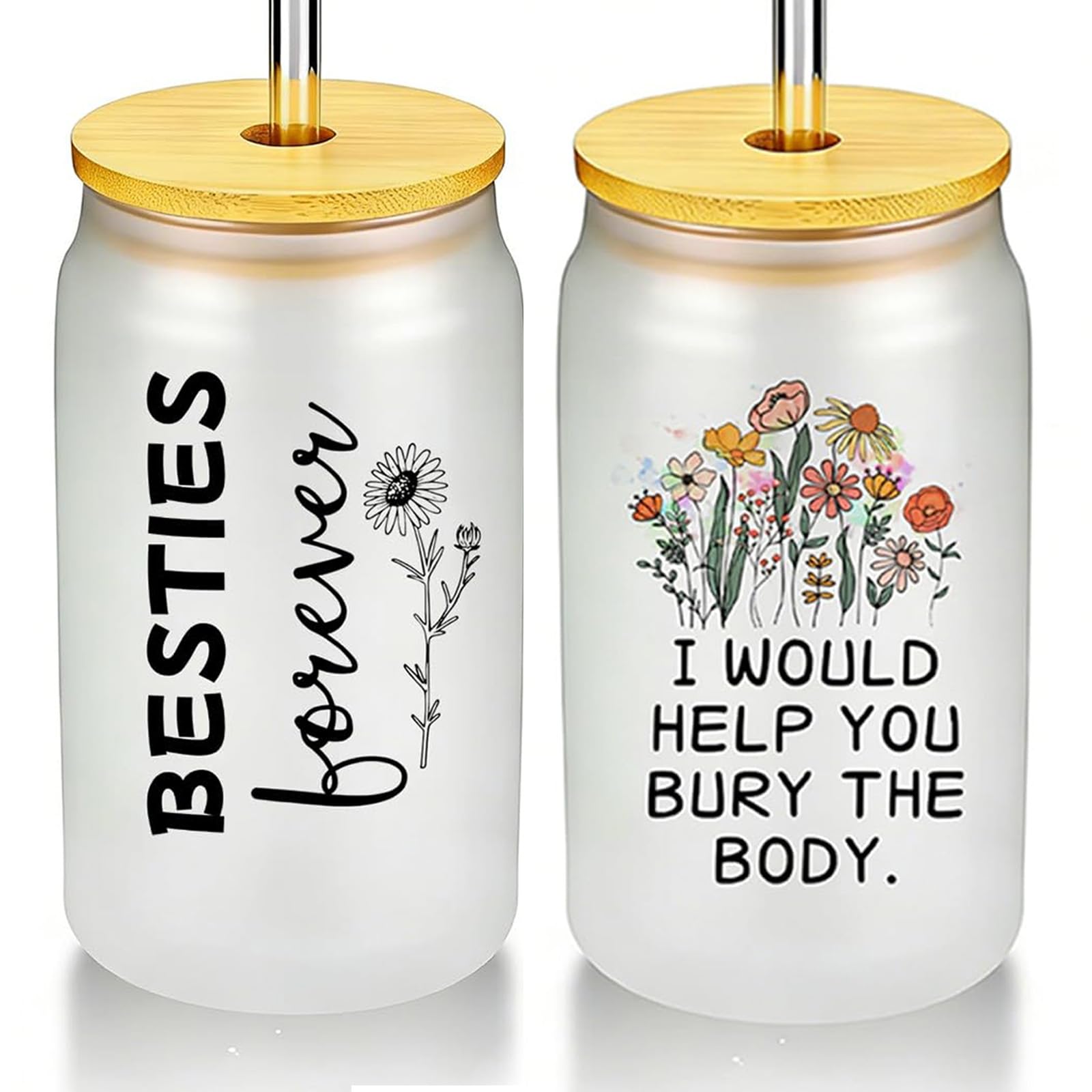 DAWKJOA Bestie Gifts, Glass Cup with Double Sided Pattern, Straight Straws and Curved Straws, Straw Brushes, Best Friend Birthday Gifts, Friendship Gift for Women Funny