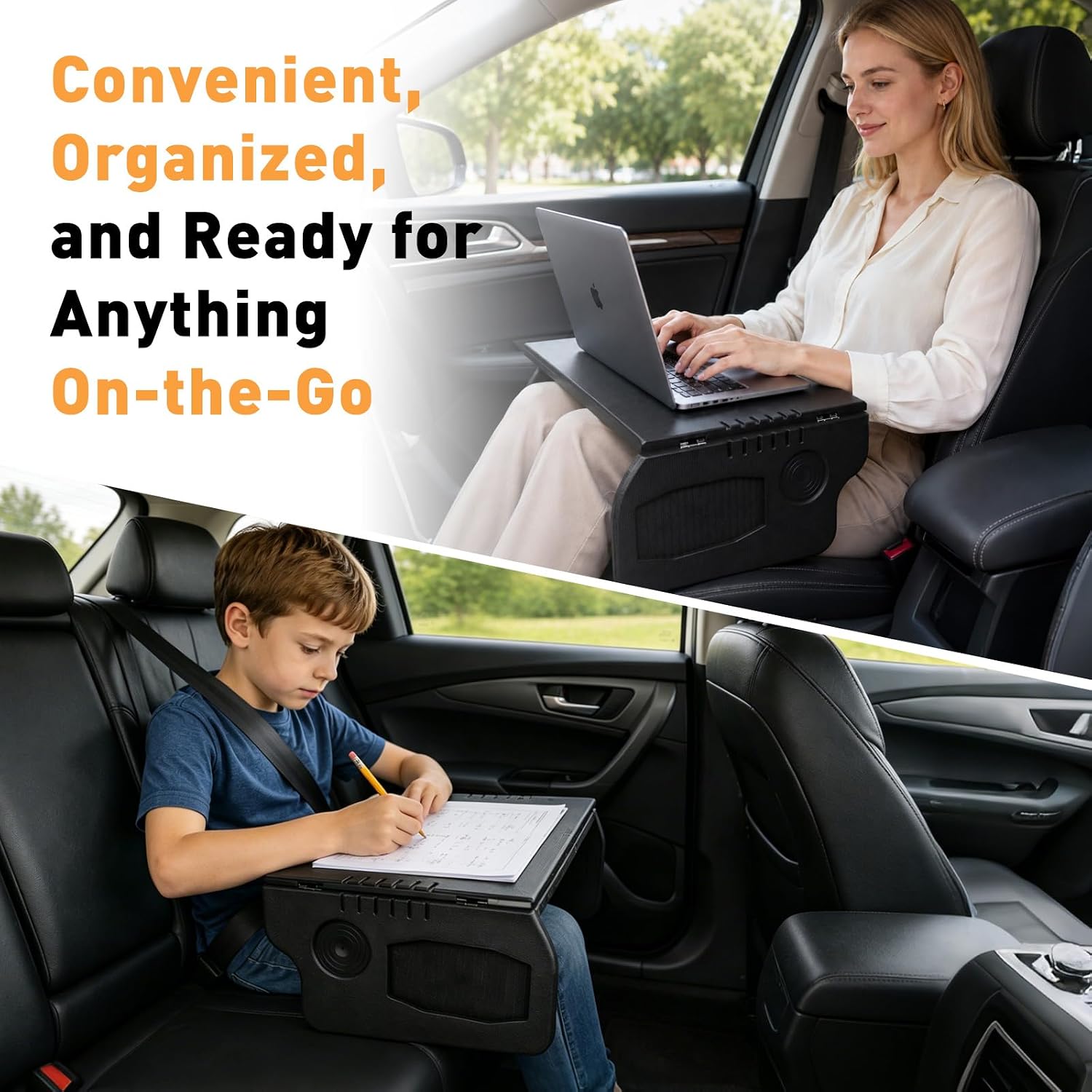 Tesla Model 3 Model Y Car Desk, Triple Foldable Laptop Table Food Tray, Portable Full Size Car Table with Cup Holder, Multipurpose Tray for Eating Working Travel Camping Accessories