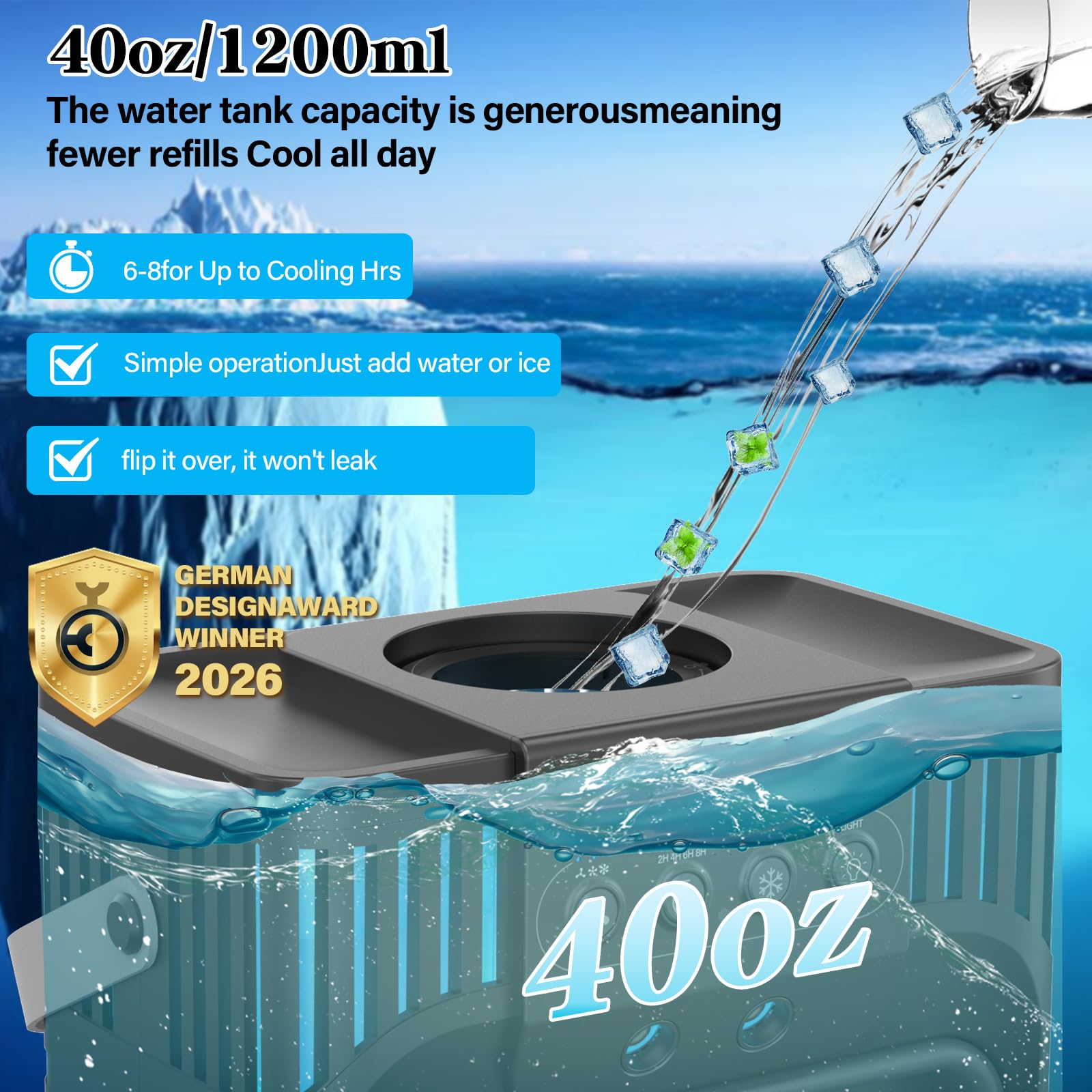 Aire acondicionado portátil con mando a distancia, silencioso con 3 velocidades, ventilador de refrigeración de 1200 ml, ventilador de aire personal con 3 nieblas, 7 luces nocturnas, temporizador de 8