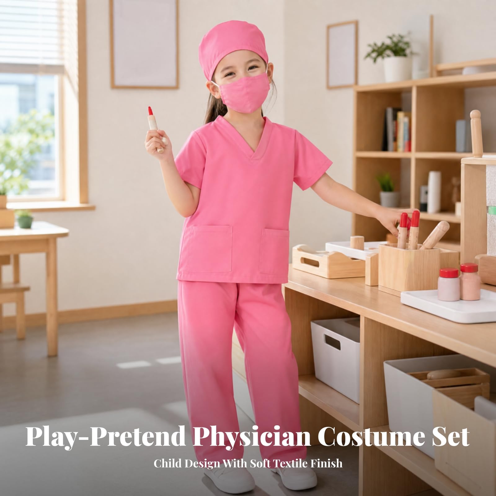 Kinder-Arztkostüm aus Polyester elastischer Bund OP-Kostüm mit Hose und Kappe leicht Krankenschwester-Spielset für Rollenspiel, Rosa, 110CM