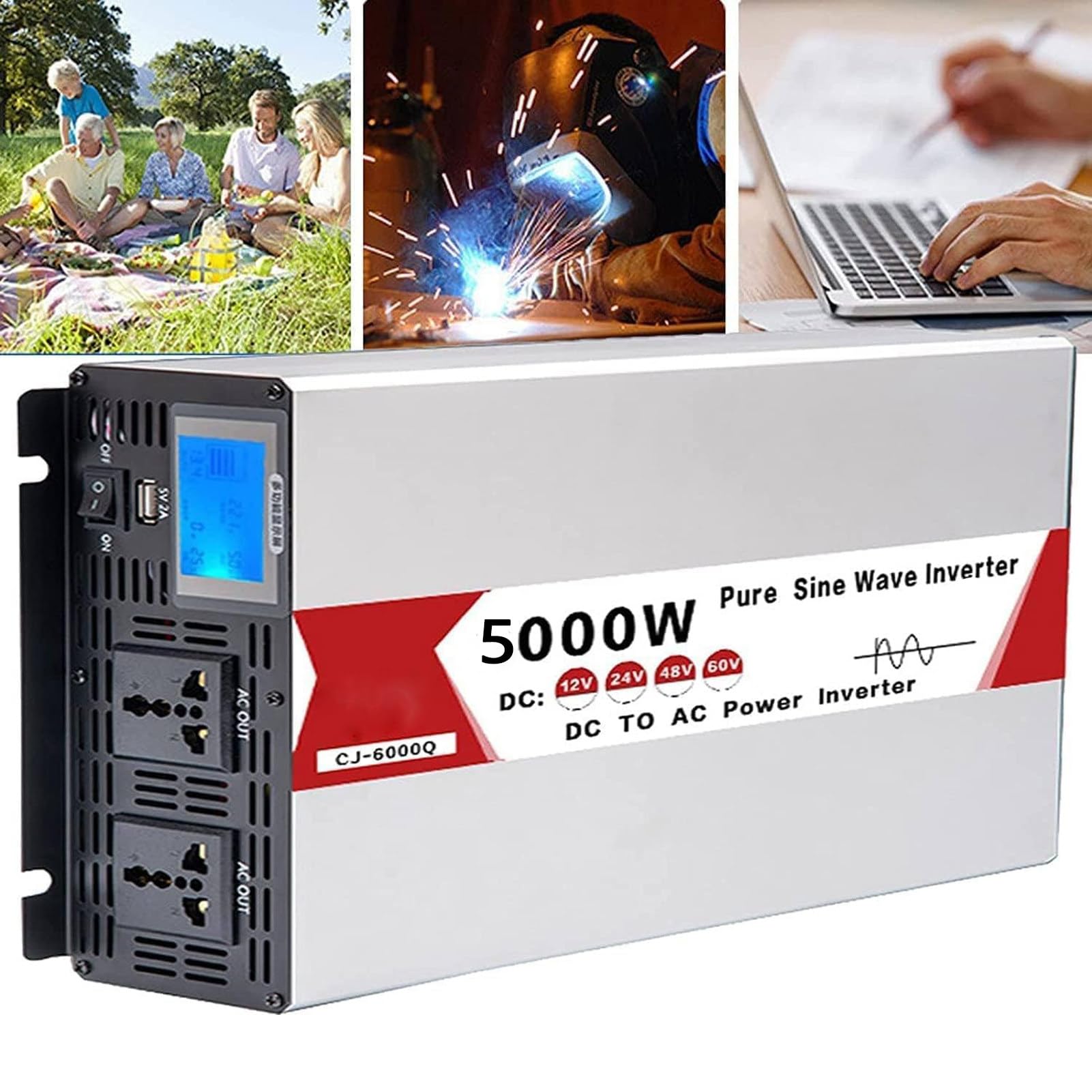 5000W-9000W hybrydowy falownik sinusoidalny DC 12V24V48V60V AC 220V Konwerter samochodowy z diodą LED na przetwornicę sinusoidalną prądu przemiennego Samochód,48V5000W