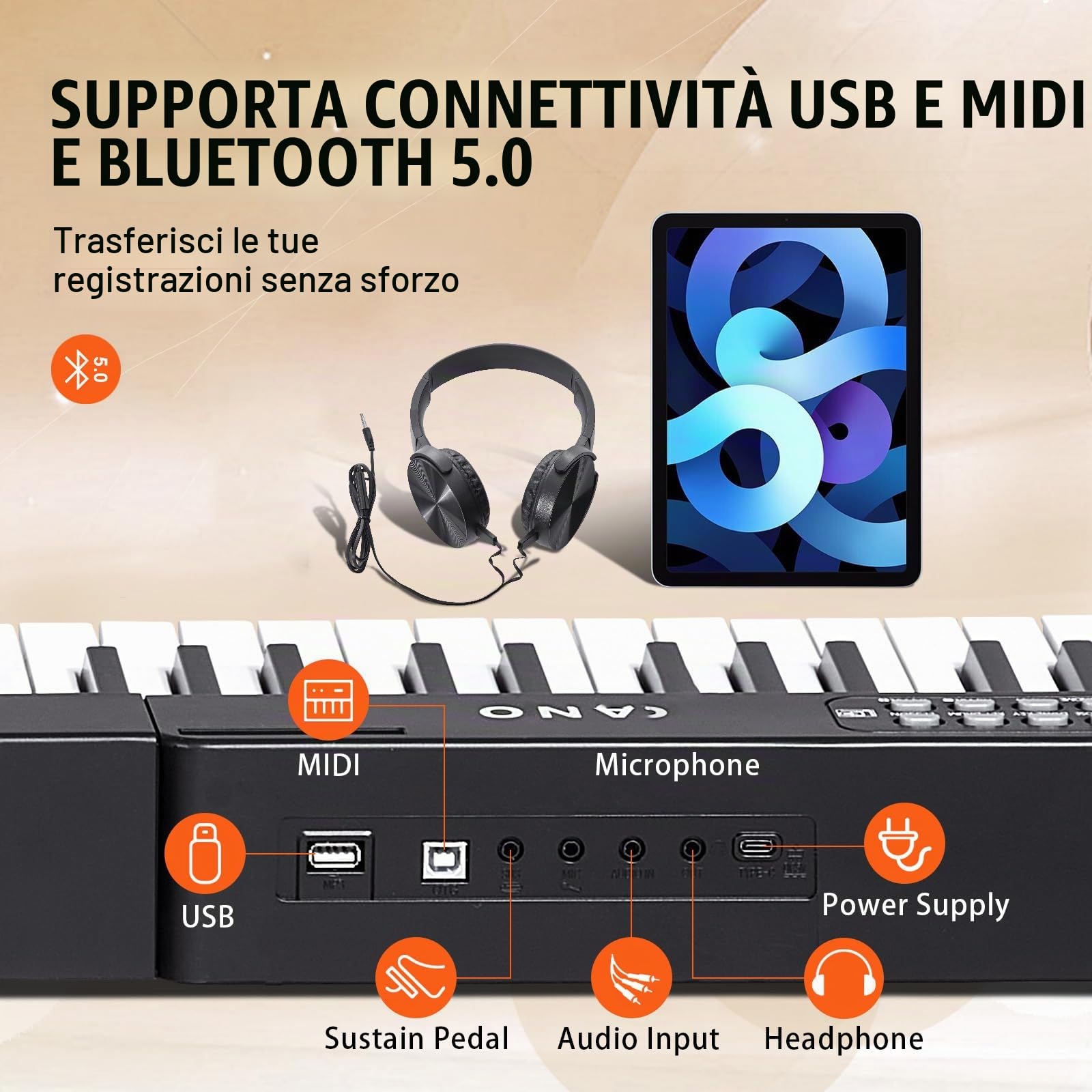 VEVOR Tastiera Pianoforte Digitale, 88 Tasti Semi-pesati, Set Tastiera Elettrica con Supporto Regolabile, Altoparlanti Incorporati, Pedale Sustain, Cuffie, Bluetooth MIDI USB, per Principianti