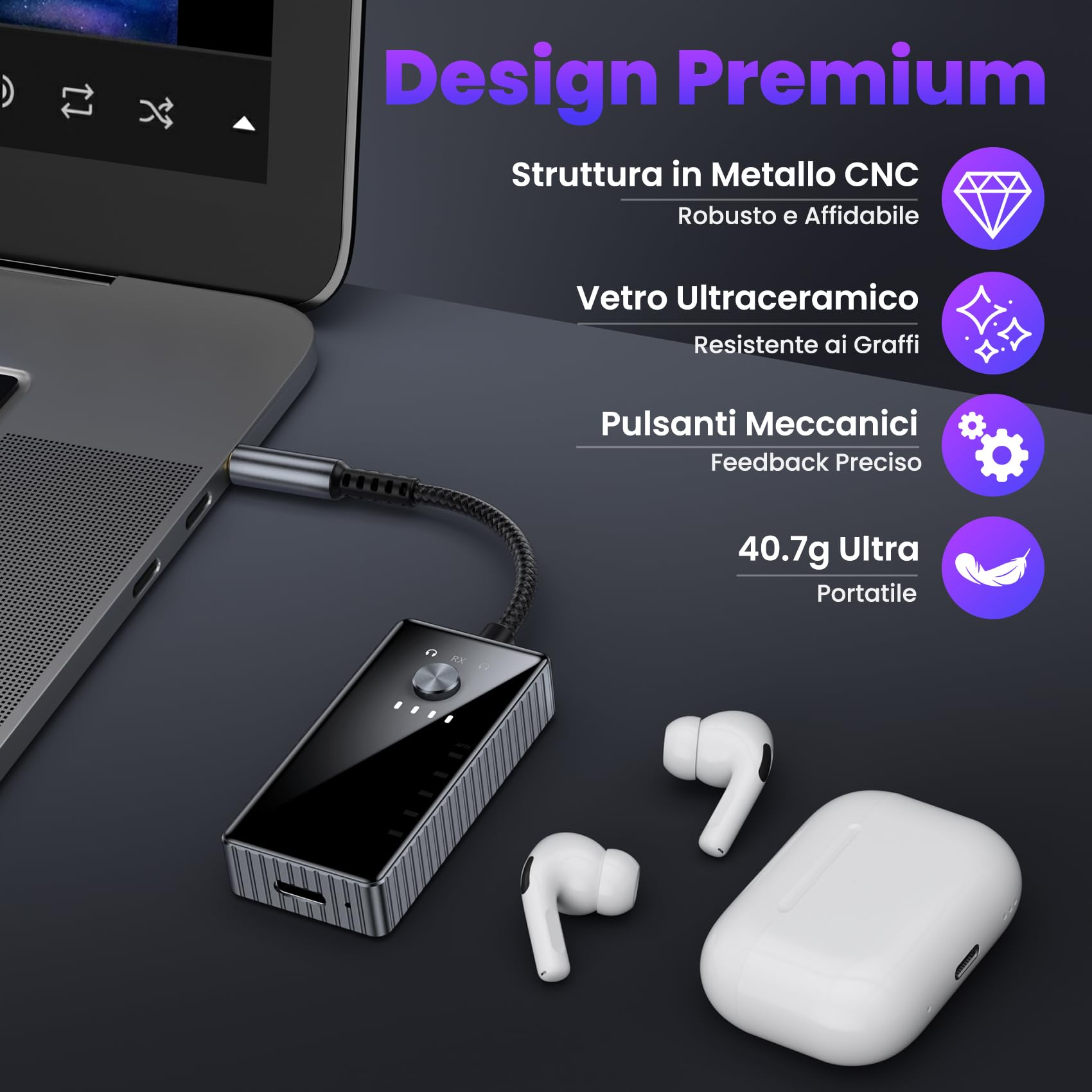 Trasmettitore Ricevitore Bluetooth per TV, 2 in 1 Adattatore Bluetooth 5.2 Supporta 2 Cuffie con AptX, Audio Jack da 3.5 mm per Aereo/Auto/Amplificatore/Palestra