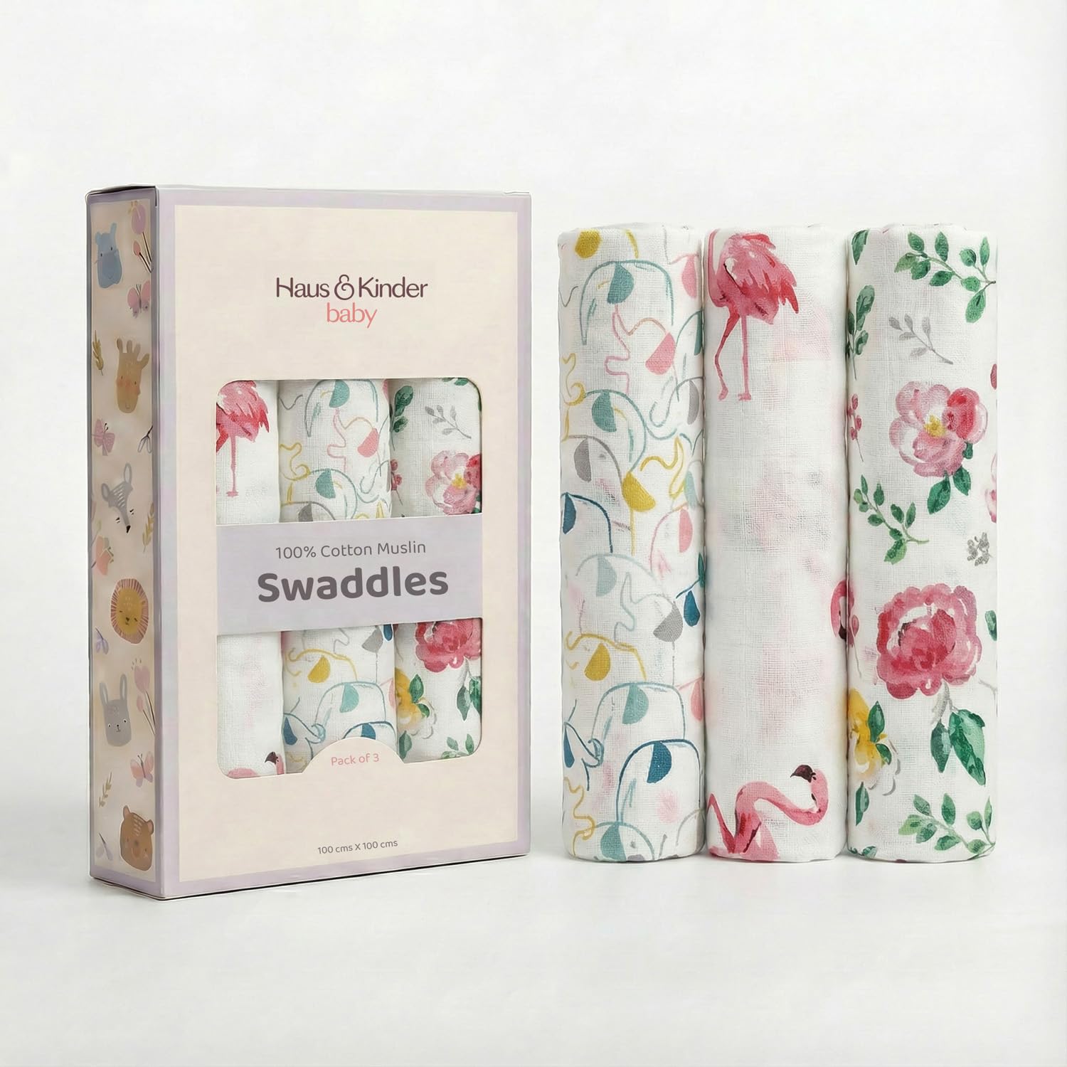 haus & kinder 100% Cotton Muslin Swaddle Wrap for New Born Baby | Pack of 3 (100×100 cm) | Baby Blanket & Swaddles for Newborn | Nature Nexus Collection