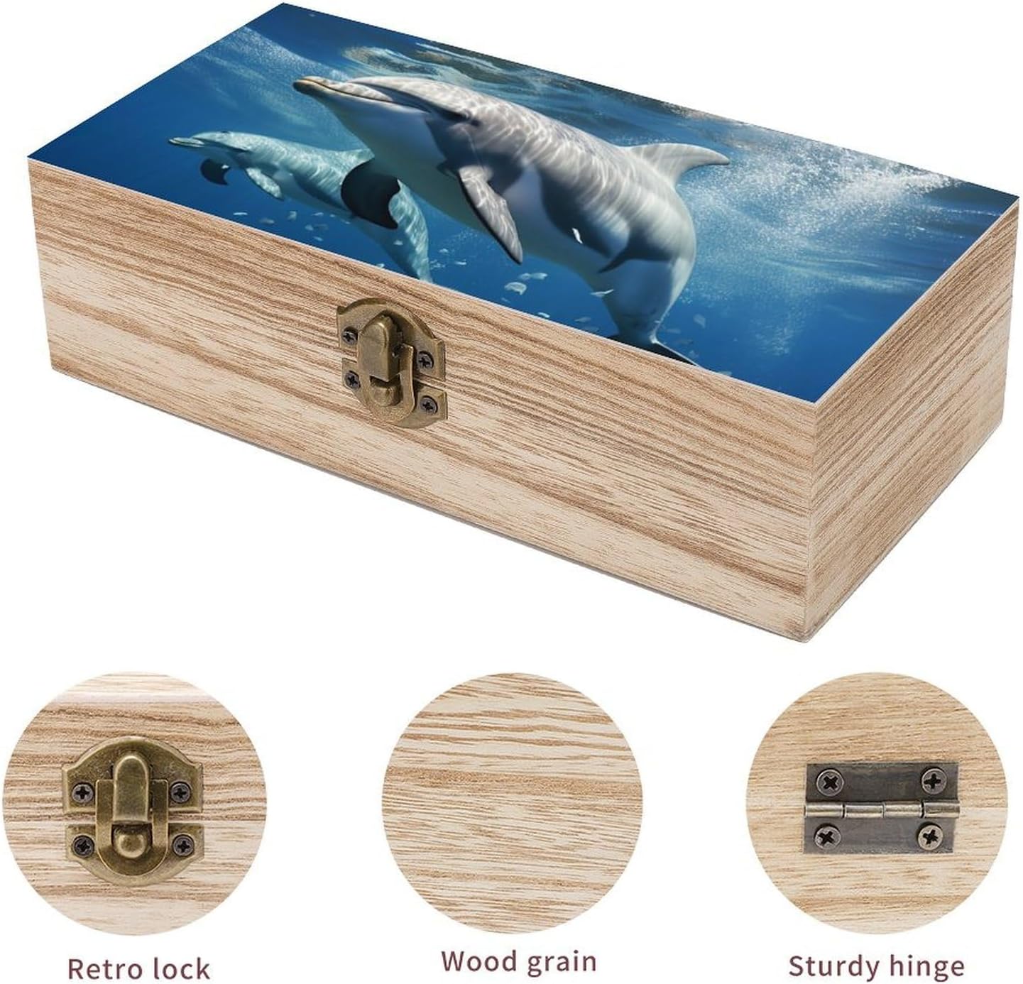 Large Wooden Storage Box With Lid And Front Clasp Cute Dolphins Wooden Jewelry Box Office Desk Organizer Bins Beautifully Keepsake Boxes Memory Boxes Jewelry Organizer image 3