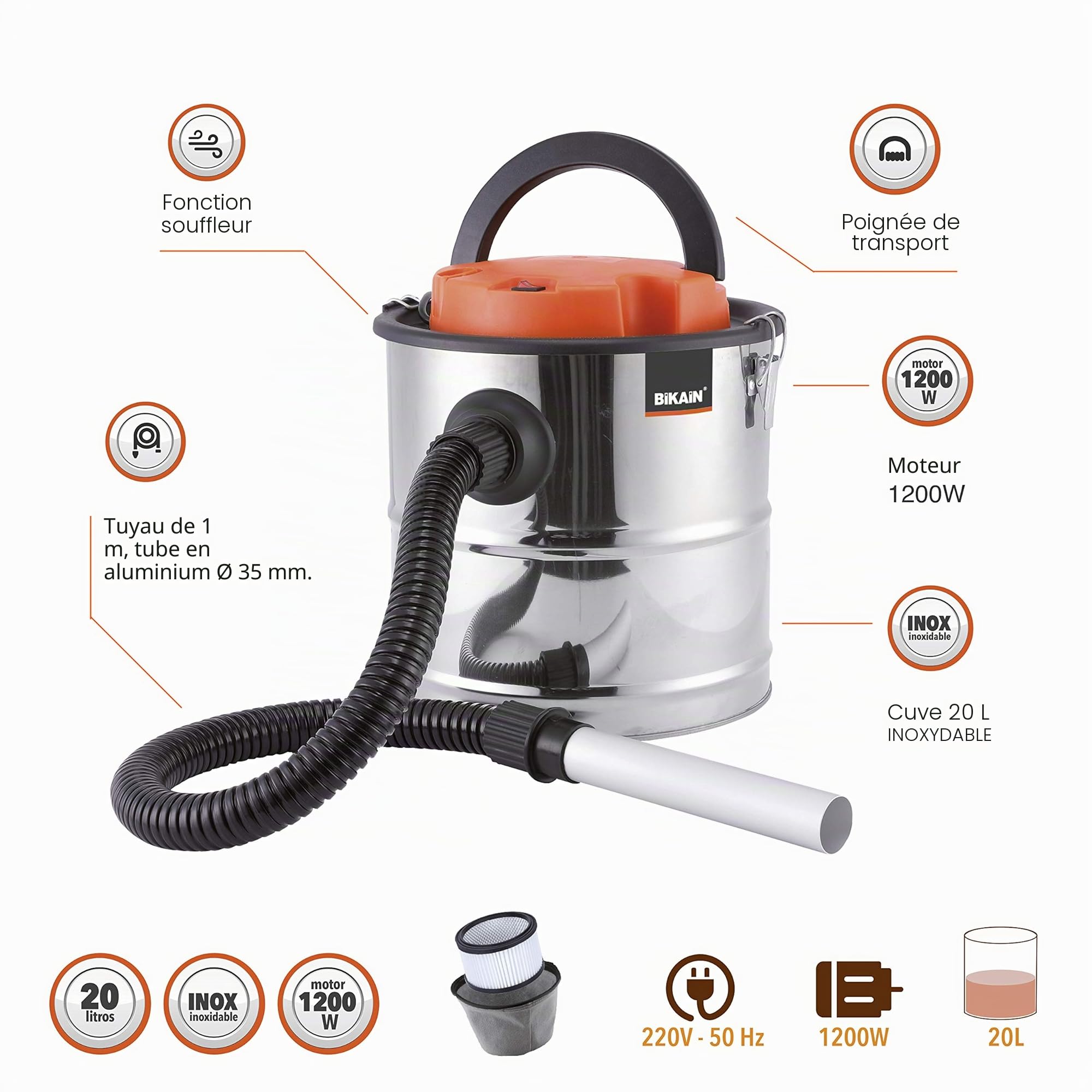 Aspirateur à Cendres 1200W 20L Acier Inoxydable avec Fonction Soufflerie Bikain