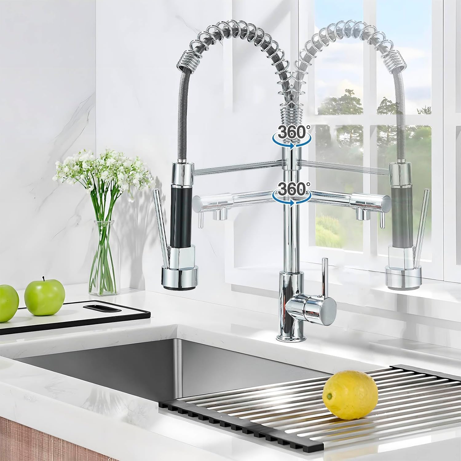 Robinet de cuisine Pivotant à 360° Mitigeur monocommande 2 jets Avec Pulvérisateur Double Fonction,Laiton Chromé