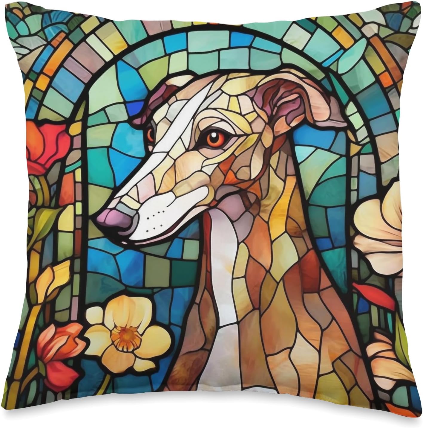 Cute Floral Dog Lover Mosaic Art Greyhound Throw Pillow