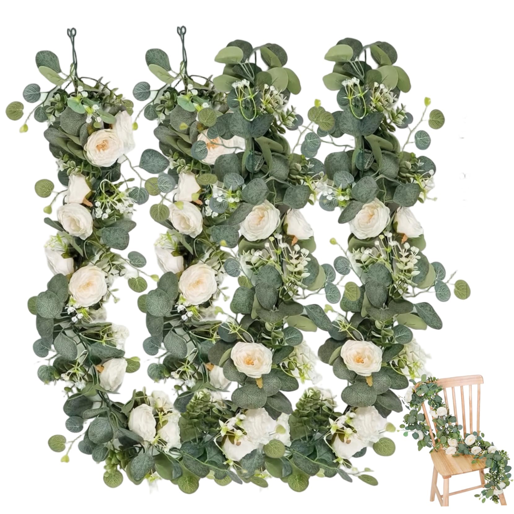 Vervevum 2PCS Artificial Eucalyptus Garland, 71 Inch Plastic Greenery Garland with White Flowers for Home Party Wedding Table Decor, Greenery