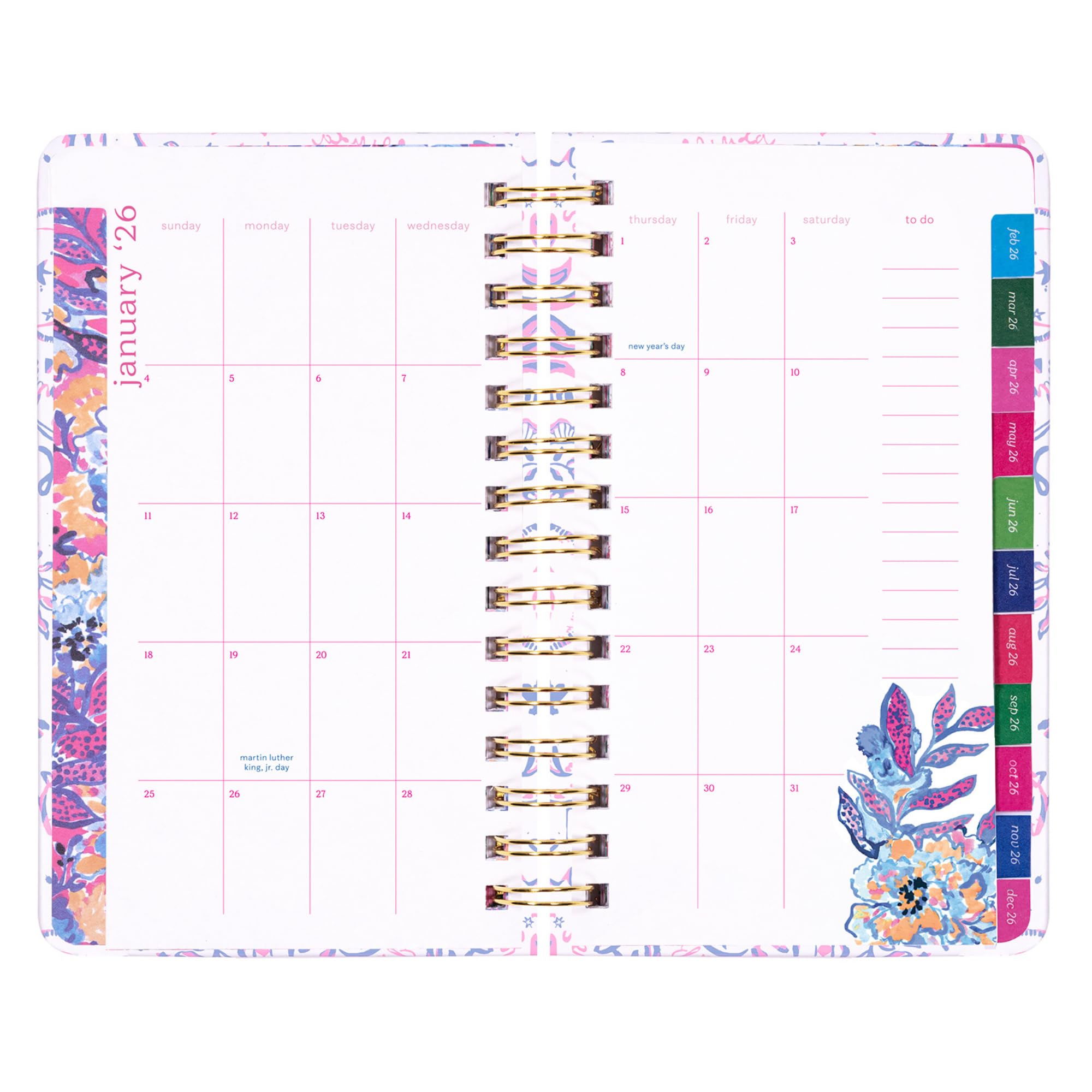 Lilly Pulitzer Agenda media agosto 2025 - dicembre 2026, agenda settimanale e calendario mensile, adesivi, tasche, rilegatura a spirale, 12,7 x 21 cm (Tis the Sea Sun)