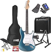 MAX GigKit Beginner Electric Guitar Starter Kit in Blue with 40W Amplifier, Foldable Guitar Stand & Adjustable Footrest Stool - Complete Guitarist Bundle