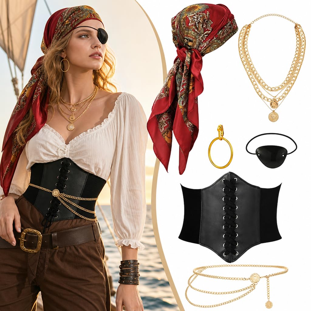 Pirate Accessories Women, Pirate Outfit Women 6 PCS Pirate Costume Accessories, Pirate Costume Women Set with Corset, Bandana, Eye Patch, Necklace, Earrings and Waist Chain for Halloween Cosplay Party