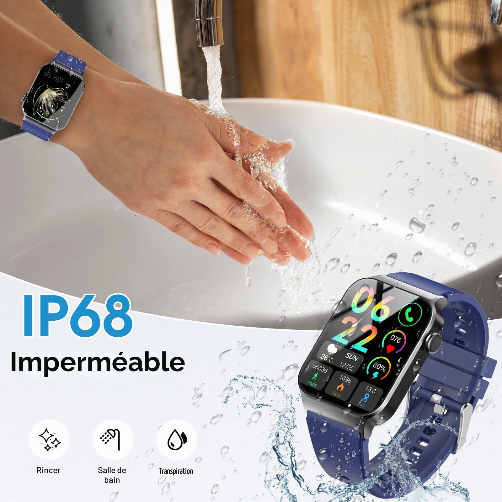 STECEi Montre Connectée Homme Femmes avec Appel Bluetooth, 1.85" Smartwatch avec 110+ Sportifs,Etanche IP68 Smart Watch, Podometre/Cardiofrequencemetre/Sommeil, Montre Sport, Bleu Marine