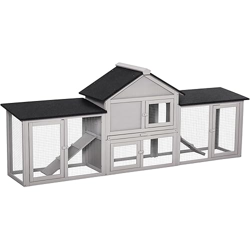 PawHut 83" L Outdoor Rabbit Hutch with Double Runs, Large Guinea Pig Cage Indoor, Wooden Bunny Hutch with Weatherproof Roof, Removable Tray, Ramps, Gray