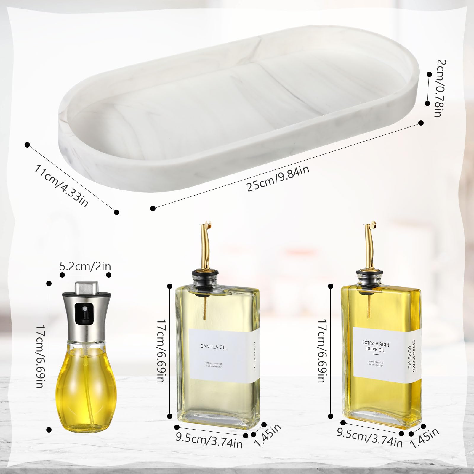 Hushee 2 botellas dispensadoras de aceite de oliva de 350 ml para cocina y 1 pulverizador de aceite de 200 ml para cocinar con embudo de silicona, bandeja, calcomanías, dispensador de jarabe de café