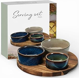 MIJOMA Servierset 4-teilig – Drei Steingut-Schalen in Reactive-Glaze-Tönen – Akazienholz-Tablett FSC – Für Tapas, Dips und Snackmomente (Tablett ca. Ø 19,8 × H 1,2 cm)