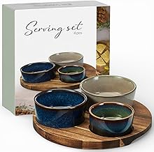 MIJOMA 4-piece serving set, three earthenware bowls in responsive colours, FSC acacia wood tray, for tapas, sauces and snacks (tray approx. Ø 19.8 x H 1.2 cm)