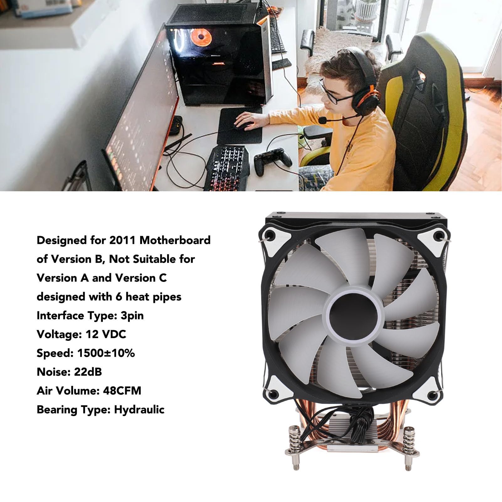 Ventola di raffreddamento CPU 4,72 pollici 6 di calore Raffreddatore d'aria silenzioso da 120 mm 1500 giri/min Cuscinetto idraulico Luce colorata per computer desktop 2011