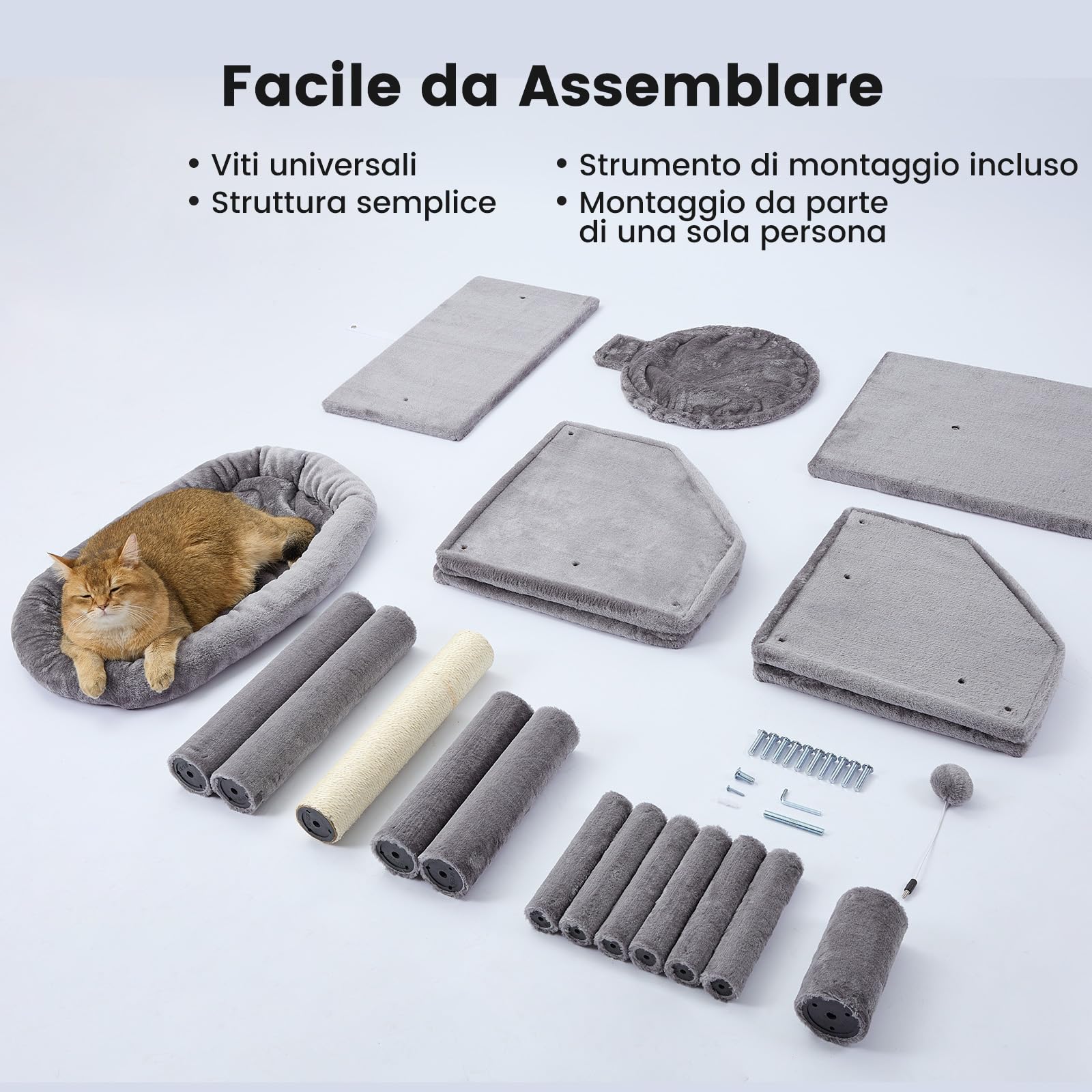 Gardner Pet Tiragraffi per Gatti da 105 cm con Palo in Sisal, Torre per Gatti Ultra-Stabile a 4 Livelli con Design Anti-Oscillazione, Posatoi Superiori Lavabili, Castello per Gatto, Grigio