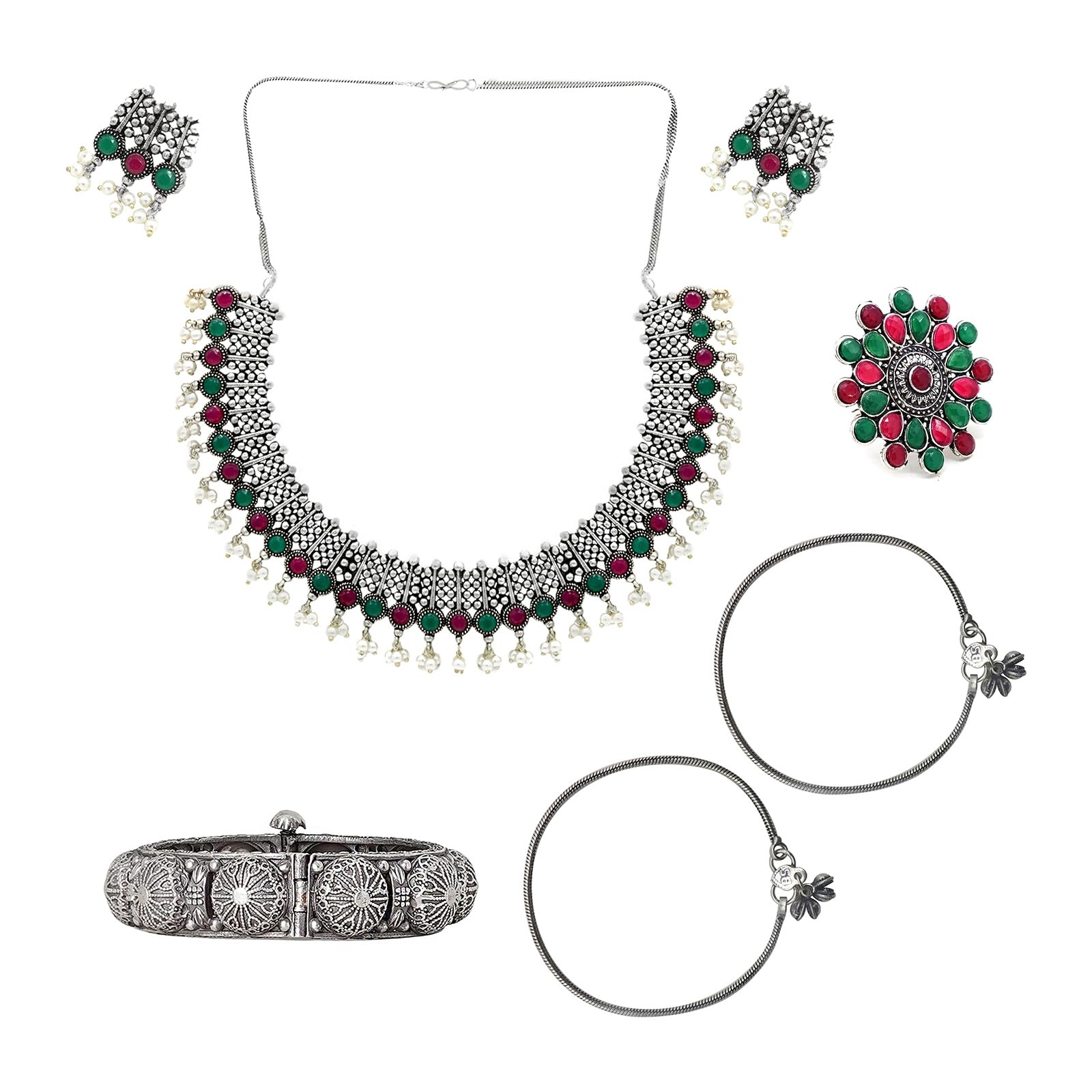 TEEJH Zuba Multicolored Silver Oxidised Jewelry Gift Set