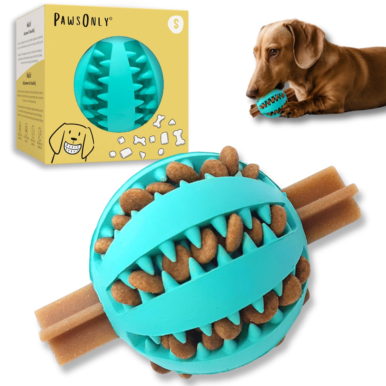 PawsOnly | Futterball für Hunde | Hundespielzeug Intelligenz | Leckerli Ball | Denkspiele | Snackball Naturkautschuk | Beschäftigung Hund | Zahnball (Klein 6 cm, Blau)