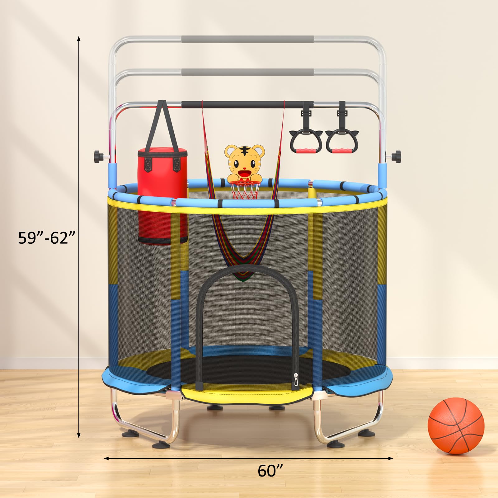 Trampolín para niños, 60 pulgadas para interiores y exteriores, con barra de gimnasia ajustable y aro de baloncesto, regalo de juguete para niños y niñas