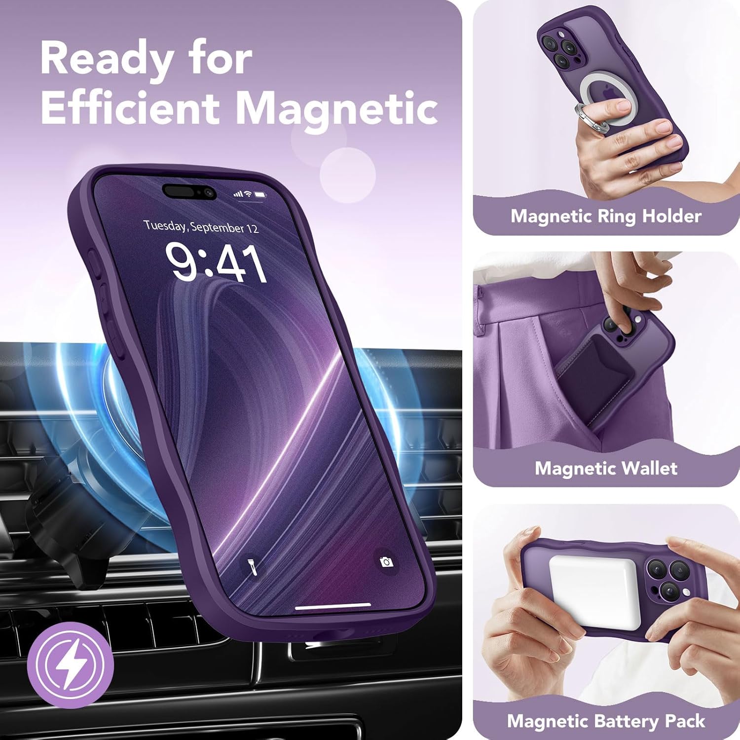 CAPRARO Cute for iPhone 14 Pro Max Case, Compatible with MagSafe, [Curly Wave Edge] [Full Camera Protection] [14 FT Drop Protection] Magnetic Phone Case for 14 Pro Max 6.7 Inch, Deep Purple - Image 3