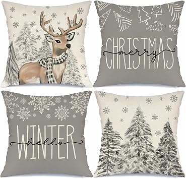 Christmas Reindeer Throw Pillow Covers Merry Christmas Tree Gray Pillow Covers 18x18 Set of 4 Hello Winter Holiday Cushion Case Decoration for Sofa Couch