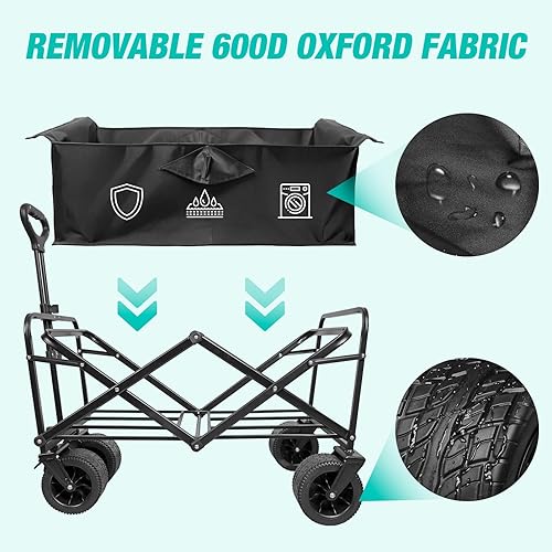 Miniatura 6 de Carro de playa plegable con ruedas grandes todo terreno, carros plegables resistentes con mango ajustable para exteriores, jardín, deportes y