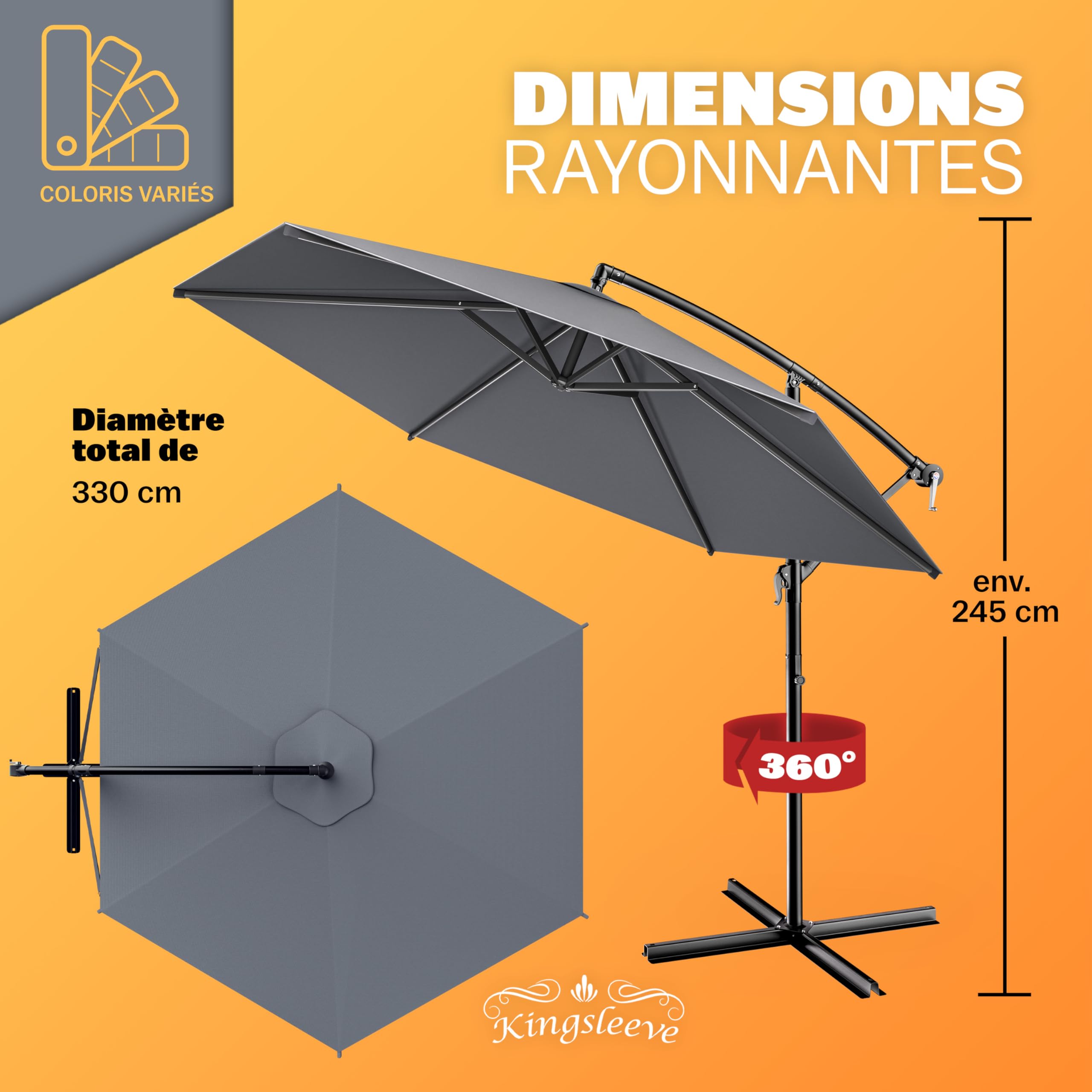 Kingsleeve® Parasol de jardin extérieur en alu Parasol déporté inclinable anthracite Ø330cm avec manivelle Protection UV 80+
