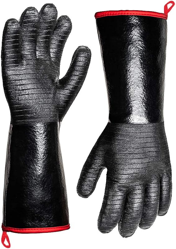 Guantes resistentes al calor extremo de 932 °F para barbacoa, guantes impermeables de manga larga para freidora, horno, ahumador, revestimiento de neopreno resistente al fuego y al aceite (14 pulgadas)
