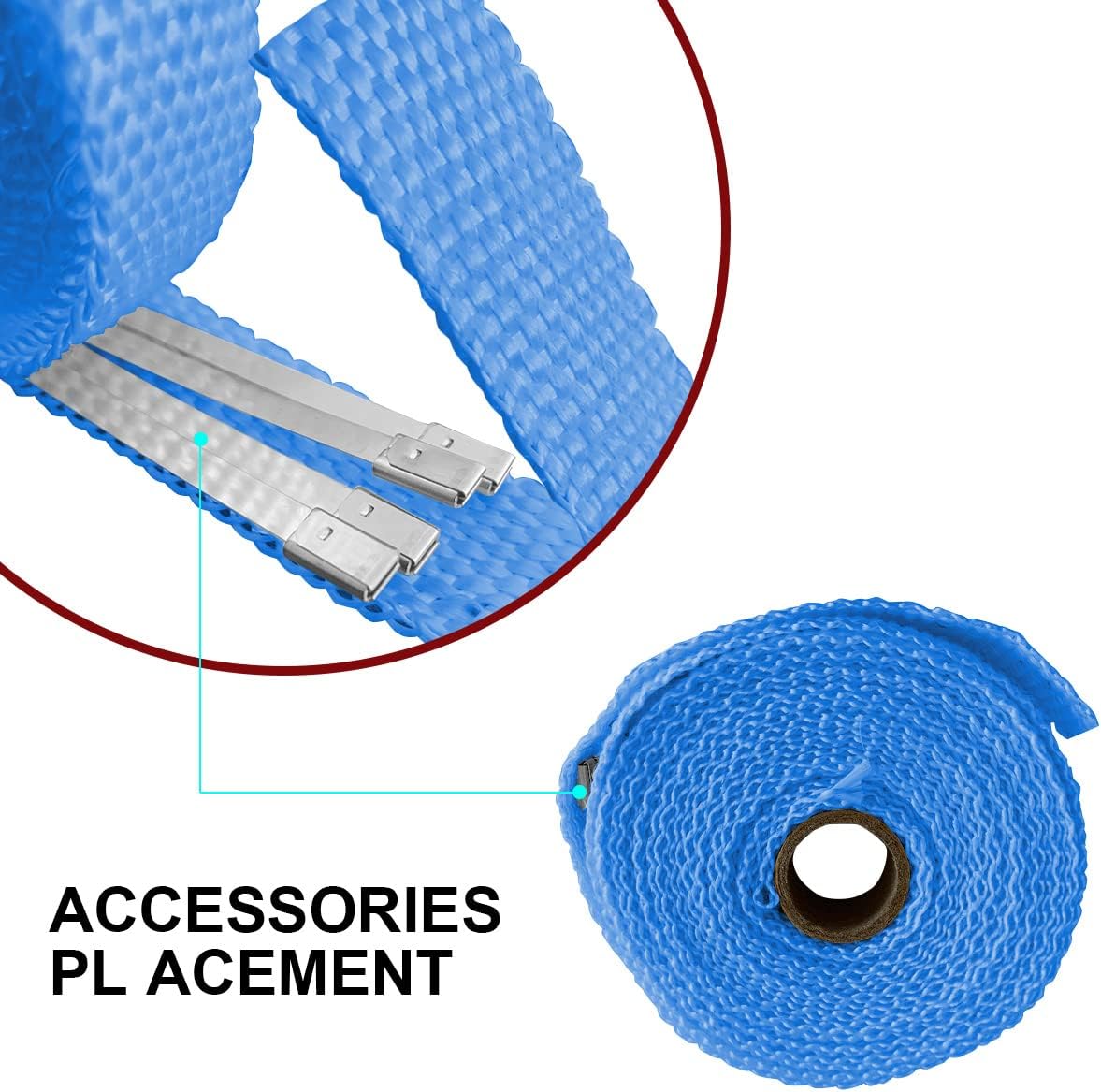 Auto Exhaust Wrap for Motorcycle, 16FT Titanium Fiberglass Hose Heat Shield Roll Sleeve with 4PCS Stainless Ties, Universal for Car Wire Loom Brake Line Cable Protection (Blue)