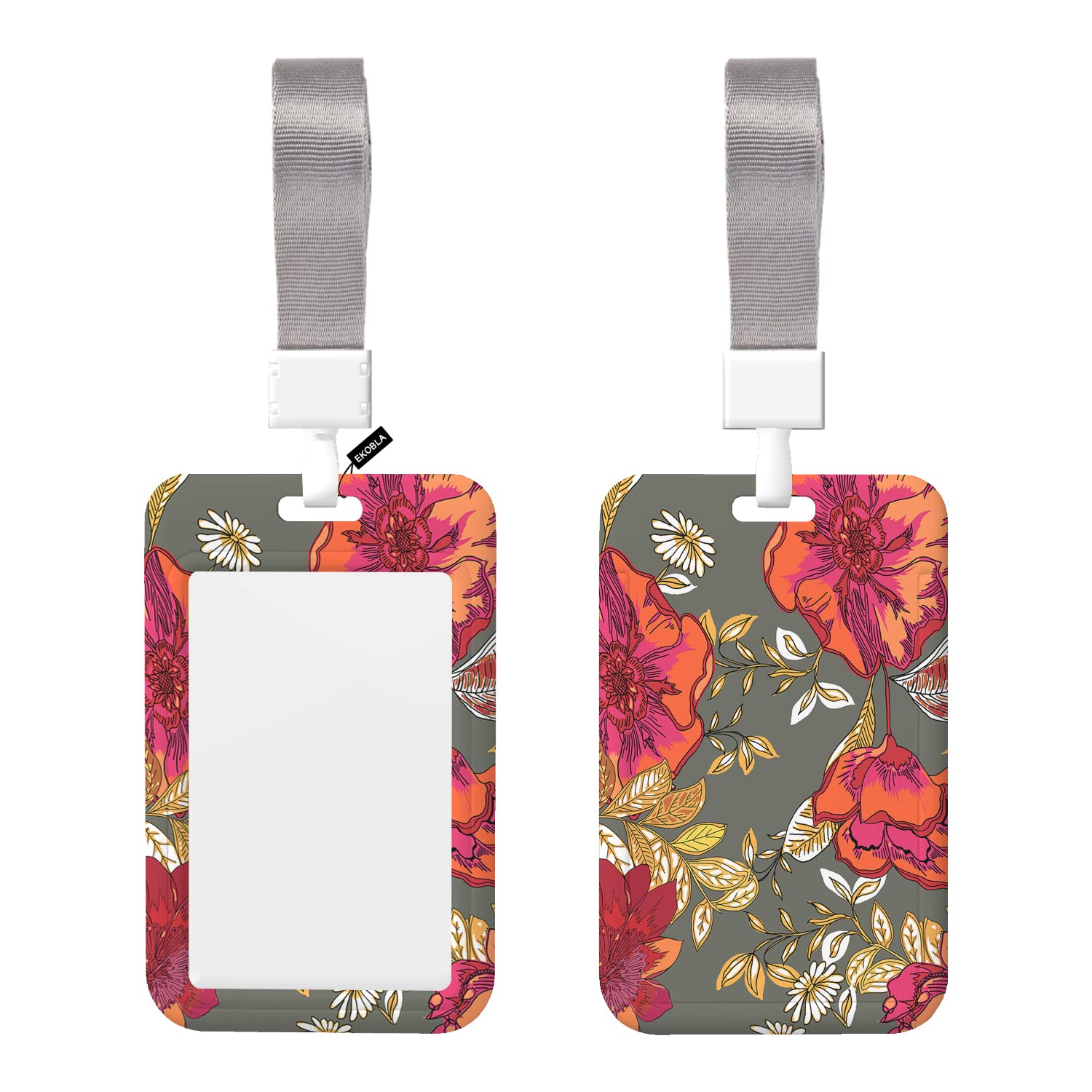 EKOBLA Vertical ID Card Badge Holder Poppy Flowers Badge Holder for Office, Nurse, Teacher， Manager, Worker Red Floral Blossom Golden Leaves Branches