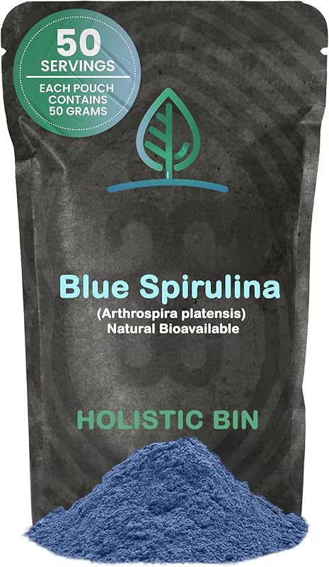 HOLISTIC BIN Polvo de espirulina azul - Suplemento orgánico de algas verdeazules, rica fuente de proteínas veganas, vitaminas y fitonutrientes, ideal para batidos, productos horneados y colorantes alimentarios naturales - 50 gramos