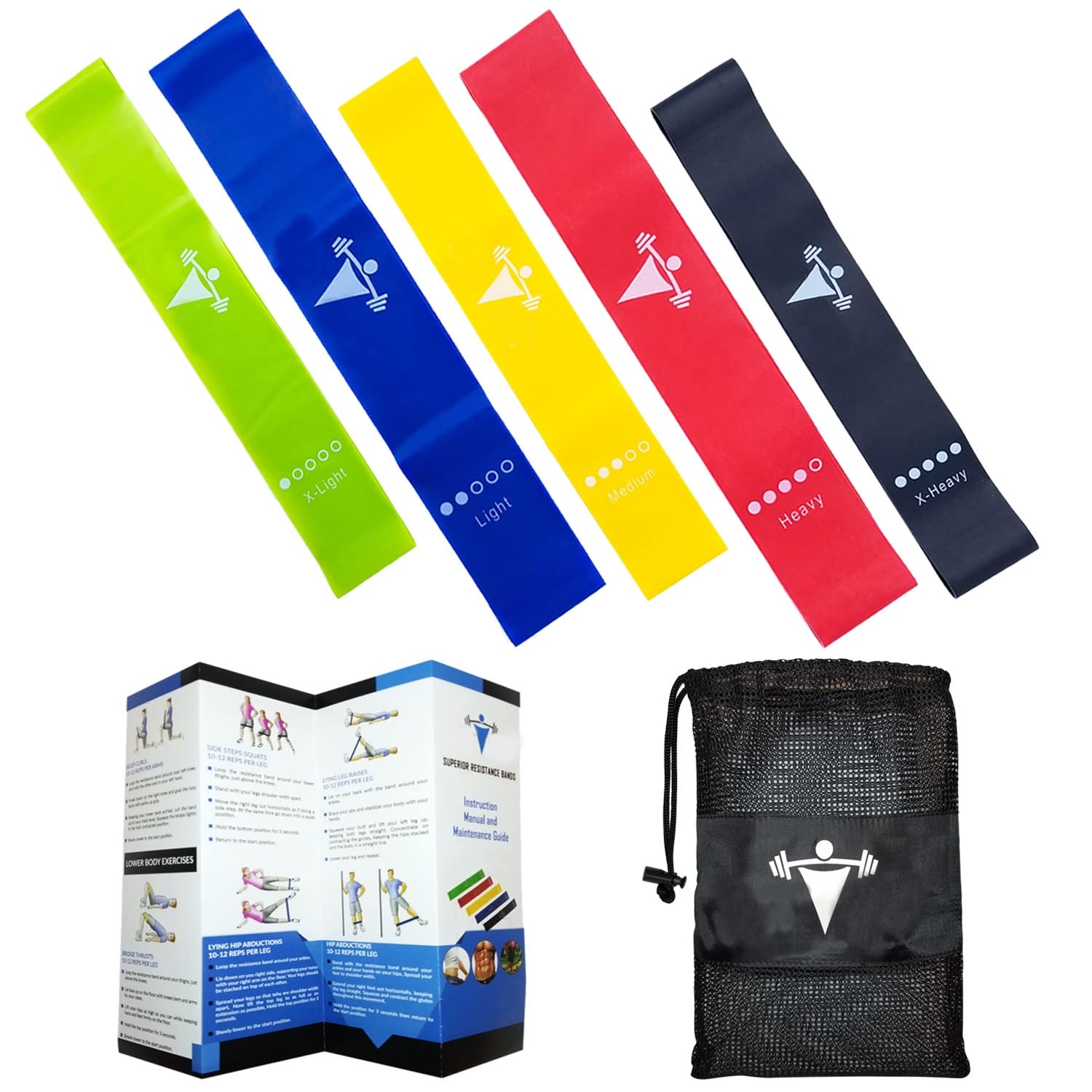 LTrevFIT Resistance Loop Exercise Booty Bands with Instruction Guide and Carry Bag Set of 5