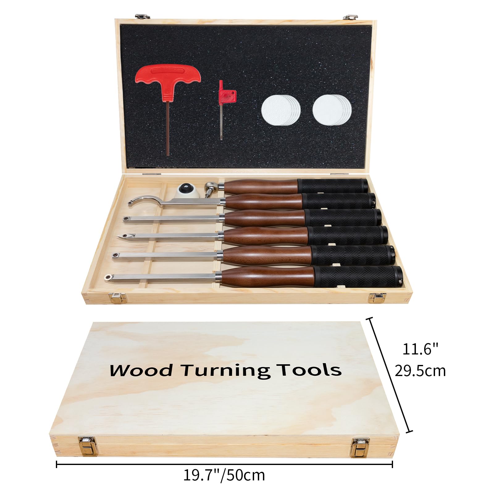 Kit d'outils de tournage de tour en bois en carbure de taille complète avec ponceuse à bol, outils de tour en carbure de 6 pièces de 46 cm avec boîte en bois poignée en hêtre avec caoutchouc