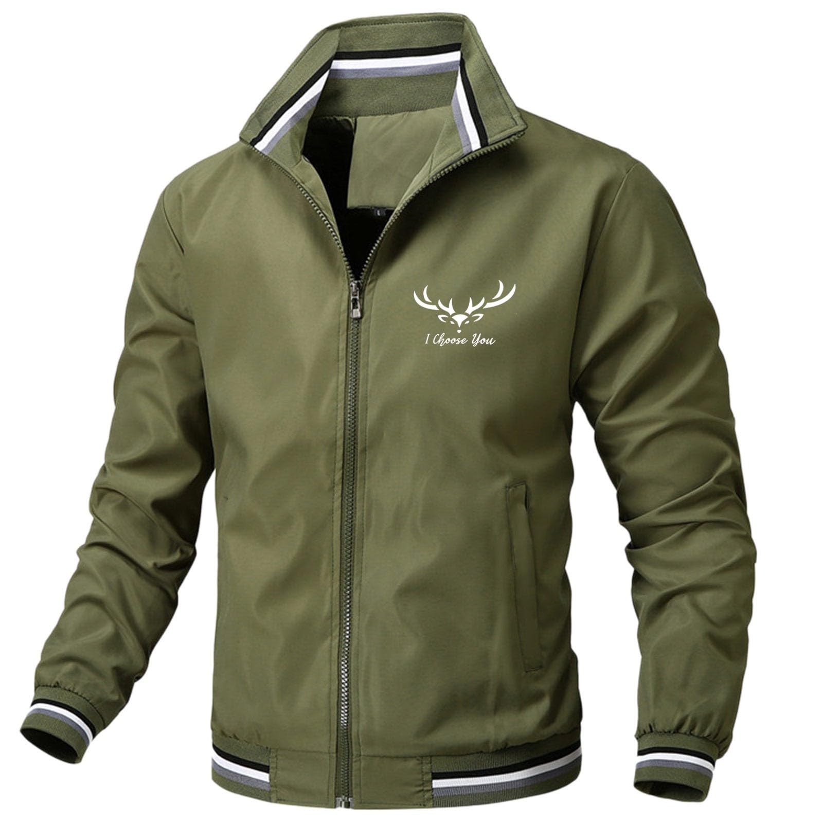 Chaqueta bomber para hombre con cremallera, elegante chaqueta informal con estampado de ciervo y puños de contraste, chaqueta ligera de entretiempo para el día a día y el tiempo libre