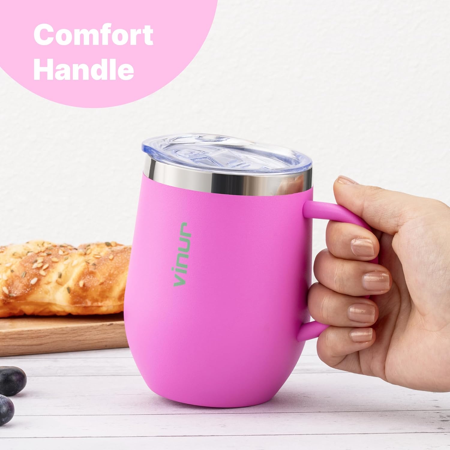 VINUR Small Travel Coffee Mug with Handle-12 oz Stainless Steel Insulated Tumbler with Lid and Straw-Leak Proof-Gift for Girl, Hot Pink - Image 4