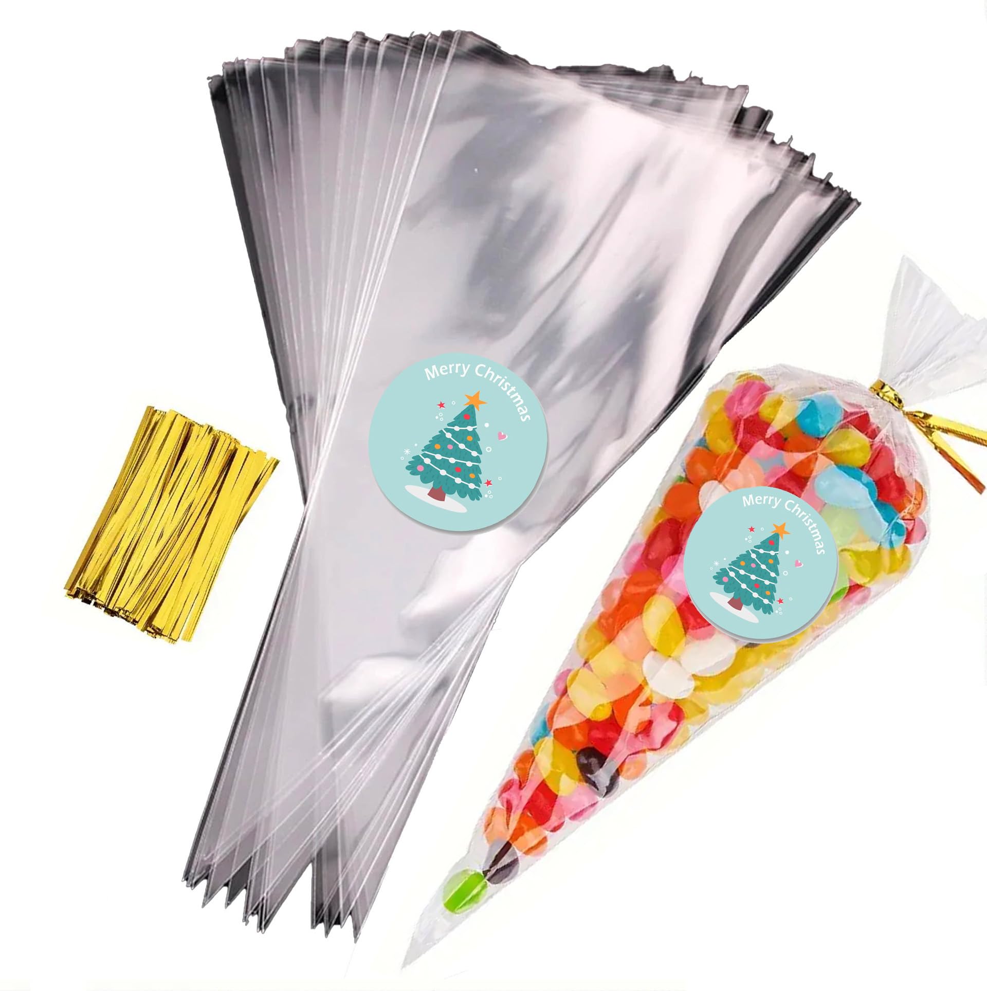 Sweet Cone Bags with Coloured Ties | Triangle Clear Cellophane Bags | Food Sweet Candy Popcorn Snacks | Brithday Baby Shower Fayres Events Festivals (Tree Blue, 30 Set)