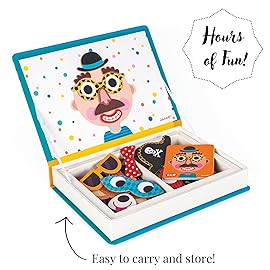 Janod - Magnetibook 83 Pc Magnetic Boy Crazy Face Dress Up Game - Decorating Fridge with Magnetic Letters - Enhances Creativity and Learning - Boosts Self-Confidence - Portable and Easy Storage