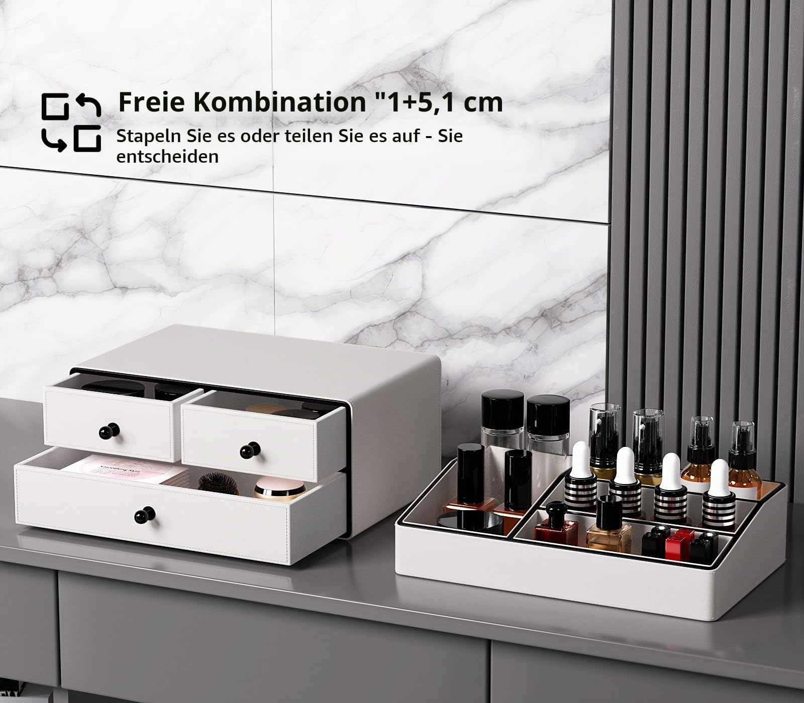 GORESE Make Up Kosmetik Organizer,2-Stöckig 3-Schubladen Leder schminktisch organizer Beauty Aufbewahrung Kosmetikbox Schreibtisch Organizer für Schlafzimmer, Badezimmer, Schminktisch(Weiß)