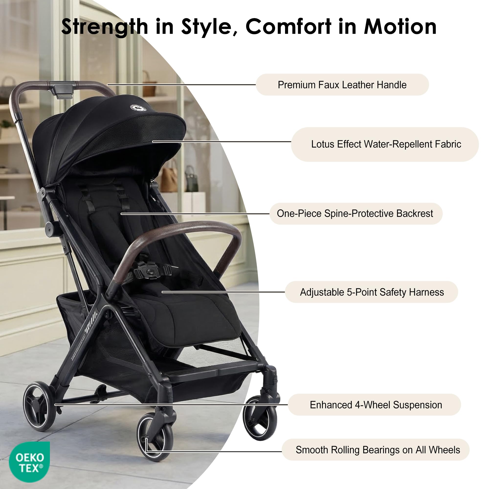 LullaRide Lightweight Travel Stroller, One-Hand Fold Airplane Carry-On, Compact Baby & Toddler Stroller with Cup & Phone Holder, 6.6 lbs Capacity Basket, Adjustable Reclining Backrest, Black - 5