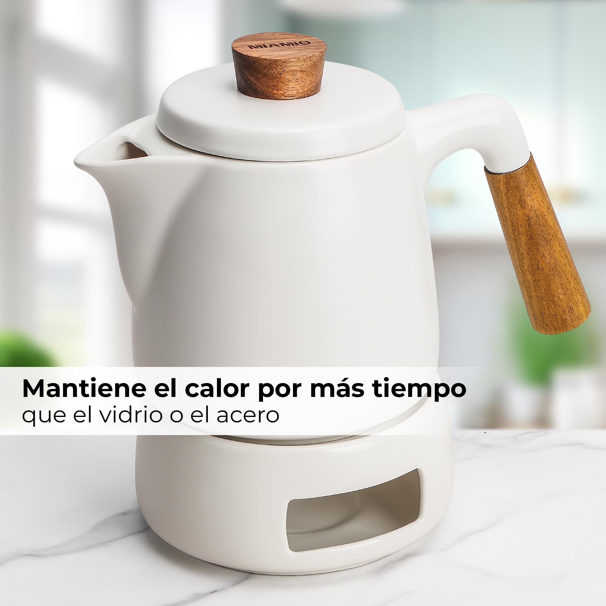 MIAMIO - Juego de tetera con calentador / 1L / 1000 ml Tetera con infusor para preparar té de hojas sueltas - Regalo para mujeres/amantes del té (Blanco)