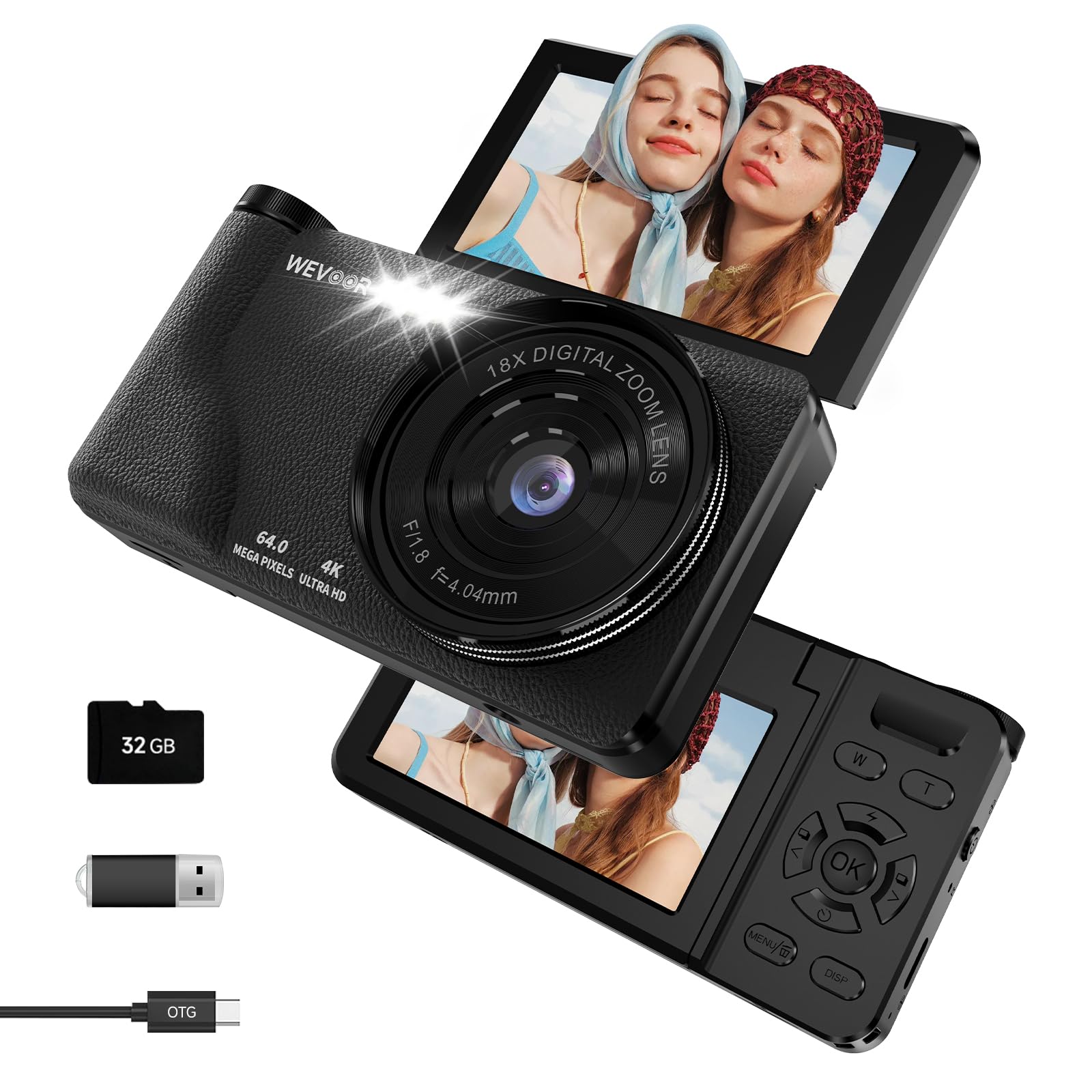 Appareil Photo Numérique 4K 64MP Wevoor Compact 32GB Écran Rabattable 180° 18x Zoom Numérique 2000mAh Batterie Noir
